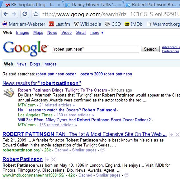 Robert Pattinson Google Search results for Robert Pattinson on February 23, 2009